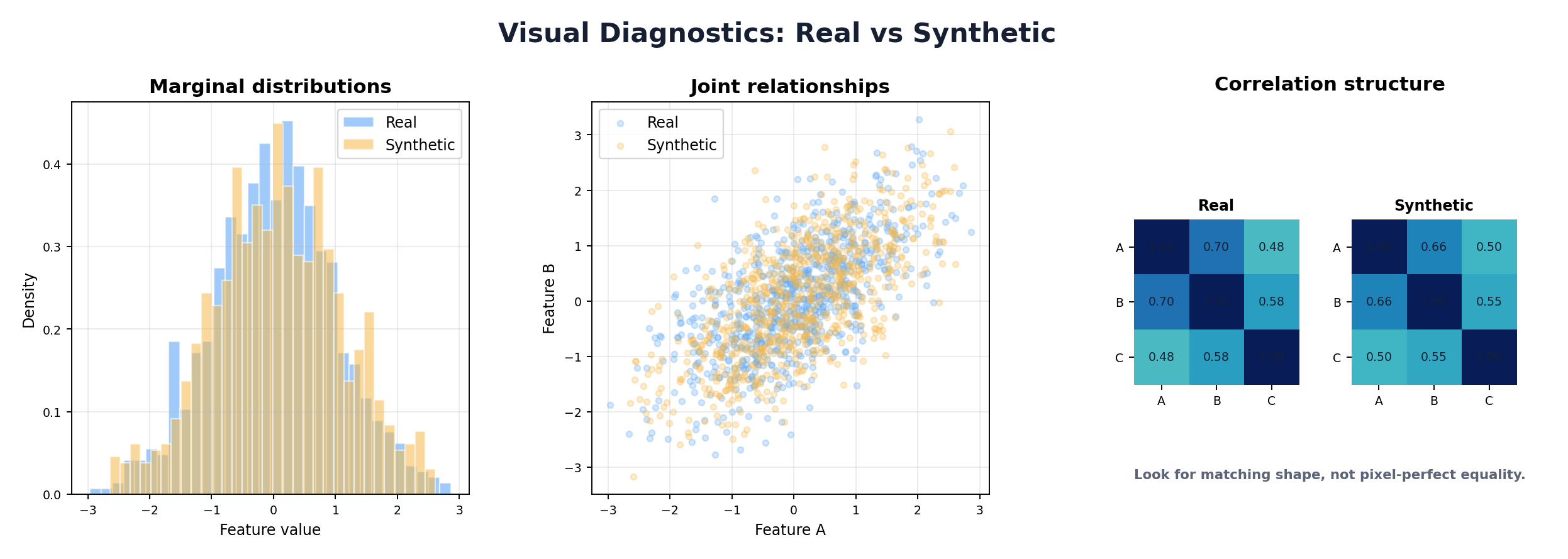 Visual diagnostics: marginal histograms, joint scatter plots, correlation matrix comparison